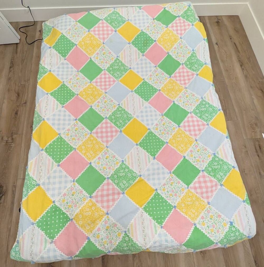 VTG Sears Country Patch Patchwork Calico Handmade Hand Tied Quilt Twin Full